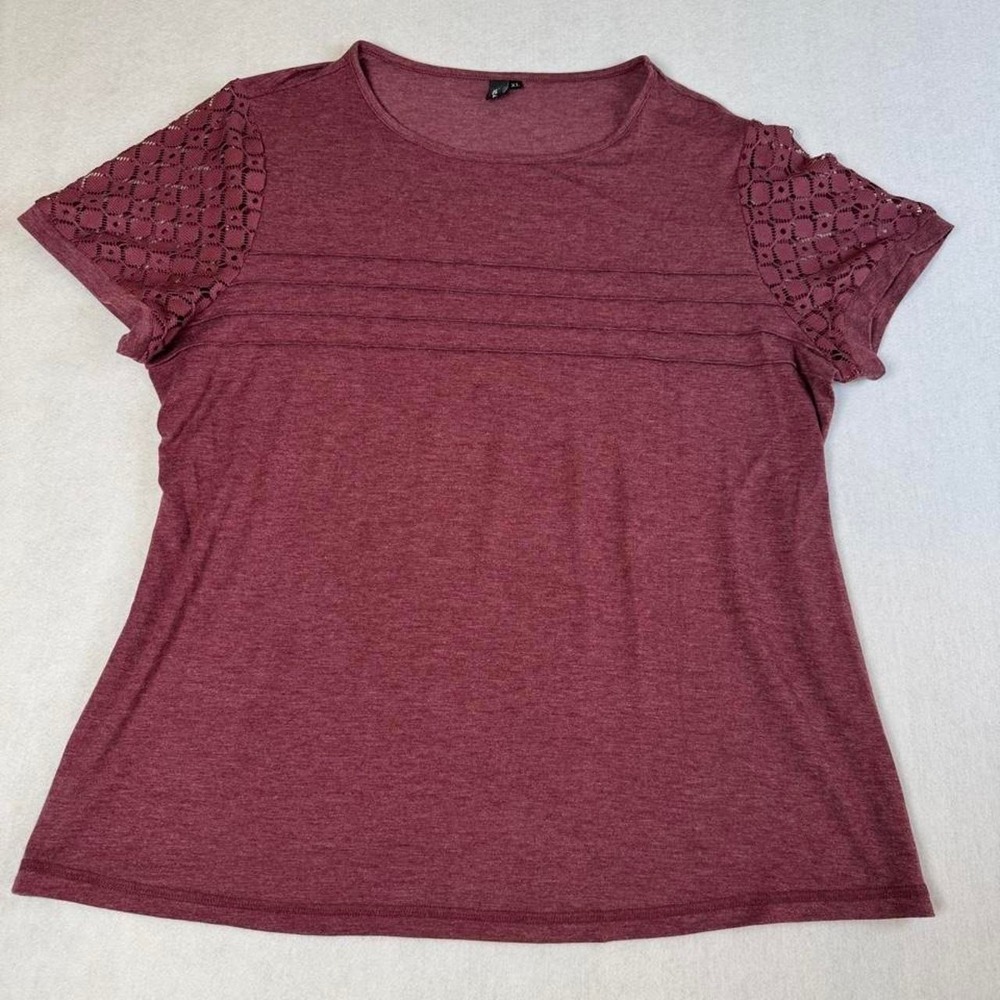Automet burgundy short sleeve blouse with lace detail on sleeves, size XL